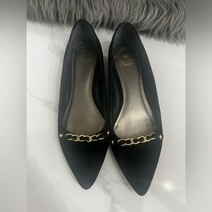 Monet Flat Suede Shoes Black With Gold Chain Accent